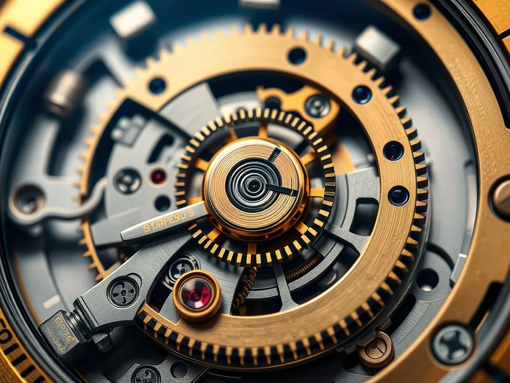 Close up of a precision mechanical watch movement, gears and